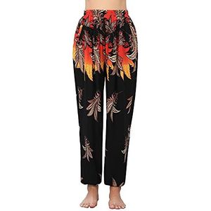 Irevial Harembroek voor dames, hippiebroek, katoen, strandbroek, yogabroek, pilates, zomerbroek, boho, vrijetijdsbroek, pauwprint, Grote zwarte bloem