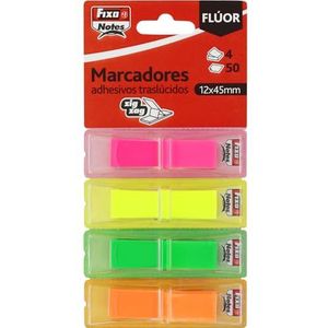 Fixo Notes Transparante plakmarkers, 4 kleuren fluor met individuele dispenser, elk 50 indexen, door gekleurde kunststof, herplaatsbaar, waterdicht, perfect schoolmateriaal