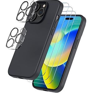 Trianium [6 in 1] Ontworpen voor iPhone 14 Pro Case Siliconen (Zwart), met 3 Pack Screen Protector + 2 Pack Camera Lens Protector, Bundelbescherming Kit HD Gehard Glas Slanke Cover 6,1 Inch 2022