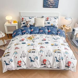 Dinosaurus Kids Dekbedovertrek Set Twin, 100% Katoen Dino Truck Auto Beddengoed Set voor Jongens Meisjes Peuter, 2 Stuks Omkeerbare Dinosaurus Dekbedovertrek Set (1 Dekbedovertrek + 1 Kussensloop)