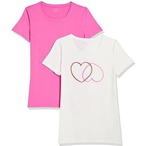 Amazon Essentials Women's T-shirt met korte mouwen en ronde hals in klassieke pasvorm, Pack of 2, Roze/Wit Hartjes, L
