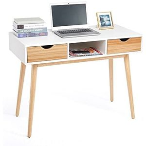 Meerveil Bureau, computertafel met 2 laden, 1 opbergeenheid Scandinavische stijl voor werkkamer, kantoor en slaapkamer, 100 x 48 x 75 cm, wit en eiken