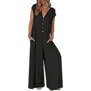 MEROKEETY Women's 2025 Summer Cap Sleeve Jumpsuits Deep V Neck Button Onesie Wide Leg Pants Rompers, Black, XL