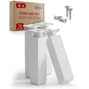 LouMaxx 4 stuks meubelpoten, verstelbaar, rechthoekig, 40 x 40 x 150 mm, wit met bevestigingsplaat, poten voor meubels van aluminium, hoogwaardige kastpoten