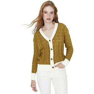 Trendyol Dames V-hals Colorblock Regular Cardigan Sweater, Ecru, S, Ecru, S