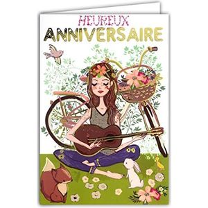 Wenskaart voor verjaardag, goud, voor meisjes, dames, bohème hippie chic bloemen rozen fiets gitaar muziek dieren gemaakt in Frankrijk