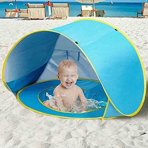 Bakaji Speeltent voor kinderen op het strand met zonnedak, mini-zwembad, ventilatierooster, opvouwbaar, draagbaar, afmetingen 120 x 80 x 70 cm