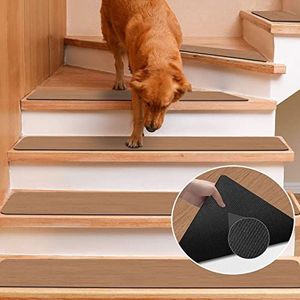 Trapmatten, trapmatten voor binnen, 15 stuks, 20 x 76 cm, Antislip Rubber basis Trapmatten/tapijt, Traploper, bescherming voor houten treden, trappenhuis (Bruin Hout)