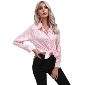 Clotth Dames luipaard-satijnen hemd met lange mouwen van satijnen imitatie zijde button down shirt, roze-l, L