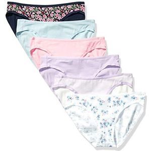 Amazon Essentials Women's Katoenen onderbroek in bikinimodel (verkrijgbaar in grote maten), Pack of 6, Blauw/Lila/Roze/Streep/Wit Deftig bloemenpatroon/Zwart Bloemig, M