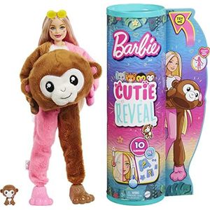 Barbie Poppen en Accessoires, Cutie Reveal pop met zacht apenpak en 10 verrassingen, waaronder kleurverandering, Jungle-serie, HKR01