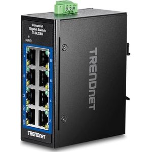TRENDnet 8-poorts industriële gigabit DIN-rail mini-schakelaar, TI-GLC80, 8 x Gigabit-poorten, extreme temperatuur IP30-classificatie, 16 Gbps schakelcapaciteit, zwart