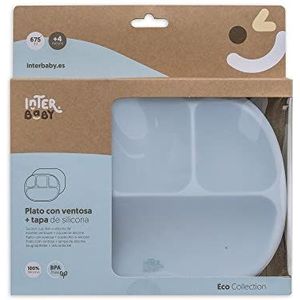 Siliconen bord met zuignap en deksel in grijs-blauw