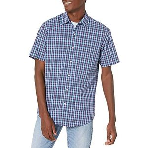 Amazon Essentials Men's Poplin overhemd met normale pasvorm en korte mouwen, Marineblauw Plaid, XS