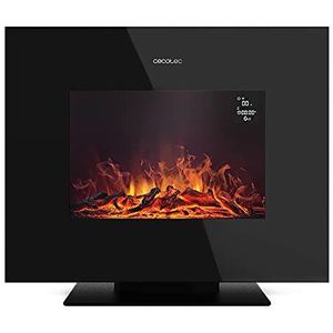 Cecotec Elektrische open haard ReadyWarm 2700 Design Flames Black. 26” met een maximum vermogen van 2000 W, Afstandsbediening, Vlak gehard glazen paneel, Automatische en regelbare vlam, Wekelijkse timer, Open-deursensor