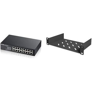 Zyxel 16-poorts Gigabit ethernet Unmanaged Switch - Zonder ventilator [GS1100-16v3] & DIGITUS Plank - 1HE - 10-inch (254 mm) - voor netwerkkast - 150 mm diep - geperforeerd plaatstaal - zwart