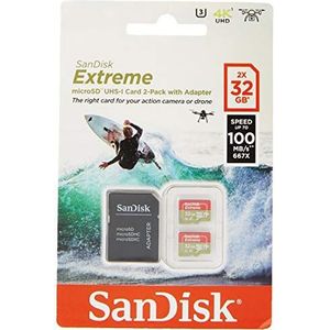 Sandisk Sdsqxaf-032G-Gn6At Extreme Micro Sdhc Uhs-I U3 Class 10 Geheugen Kaart Met Adapter, 32Gb, 2 Stuk