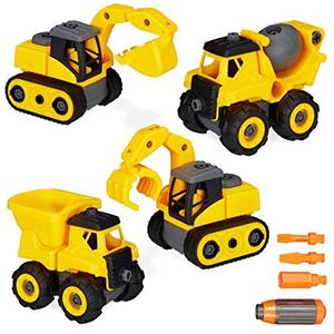 Relaxdays bouwvoertuigen speelgoed - werkvoertuigen - mini graafmachine speelgoedset geel