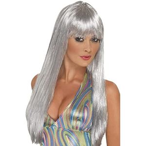 Glitter Disco Wig, Silver, Long Straight with Fringe