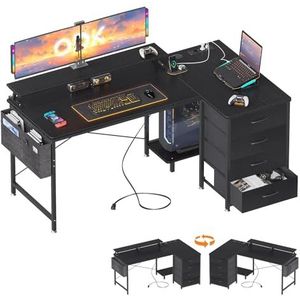 ODK L-vormig bureau met USB-laadaansluiting en stopcontact, hoekbureau zwart met 4 laden en monitorplank, L-vormige computertafel voor thuiswerkplek, 140 x 80 x 84.7 cm