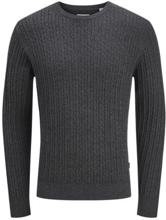 Jack & Jones - JJEEMIL KNIT CABLE CREW NECK - Gebreide Trui - Donkergrijs Melange