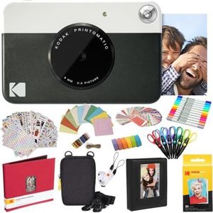 KODAK Printomatic Instant Camera (zwart) All-In-Bundle + Zink Paper (20 vellen) + etui + fotoalbum + 7 stickersets + markers + schaar