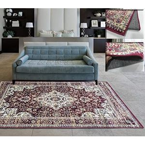 Klassiek zeer dun tapijt voor hal, slaapkamer en hal, traditioneel, elegant, kleuren: rood, taupe, groen, goud.