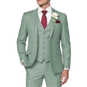 HUUTOE Heren 3-delig pak Regular Fit One Button Blazer Jas Vest Broek Smoking Set Zakelijk Bruiloft Groomsmen Prom Suits, Salie Groen, XS