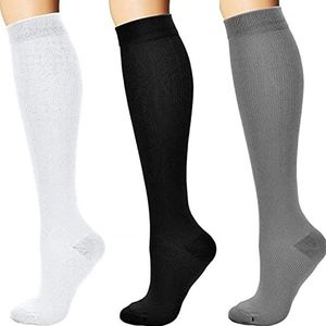 3 paar (Wit/Zwart/Grijs) reissokken steunkousen compressie sokken dames heren voor sport, vlucht, hardlopen, reizen, fietsen, zwangerschap verpleegkundige