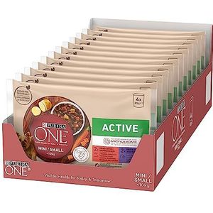 Purina ONE Mini < 10 kg natvoer voor kleine actieve honden met os en eend, 12 verpakkingen met 4 zakken à 85 g - 48 zakken