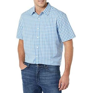 Amazon Essentials Heren stretch popeline overhemd met korte mouwen (verkrijgbaar in groot en lang), lichtblauw wit gingham, XS