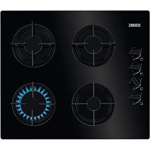 Zanussi ZGO62414BA gaskookplaat, gas op glas, 4 vlammen, wokbrander, draaibare zijbediening, elektronisch, gietijzer, veiligheidsthermoelement, zwart, 60 cm