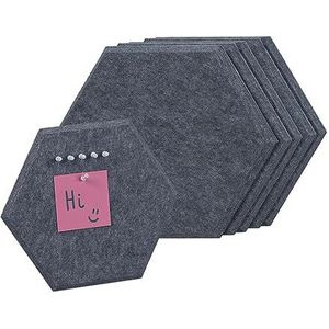 Relaxdays prikbord vilt, set van 6, hexagon, zelfklevend, bureau, HxBxD: 26x30x0,9 cm, notitiebord incl. punaises, grijs