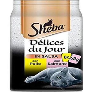 Sheba Délice Du Jour natvoer voor katten met kip en zalm in saus, 12 verpakkingen met elk 6 zakjes x 50 g, in totaal 3600 g