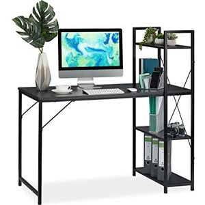 Relaxdays, zwart bureau, combinatie met plank, 4 opbergvakken, voor tienerkamer en kantoor, HBT: 121 x 120 x 62 cm, PB, metaal