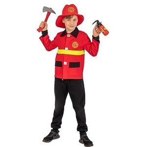 Carnival Toys Firefighter set voor jongens (jas, hoed, vuuruitzet, bijl) in zak met haak, rood en geel