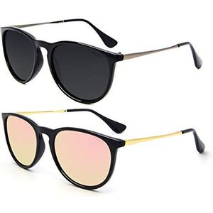ANDOILT Vintage gepolariseerde zonnebril voor dames en heren, UV-bescherming, retro, ronde spiegellens, D5 2 stuks zwart montuur grijze lens + zwart frame roze lens, Eén maat