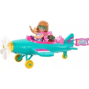 Barbie Chelsea Beroepenpop, Speelset met Pop en Vliegtuig, 2-persoons vliegtuig met draaiend madeliefje als propeller en 7 accessoires, waaronder een puppy en stickers, HTK38