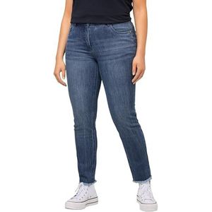 Ulla Popken Dames sarah, letterprint, hoge taille, smal, jeans met franjes, blauw denim, 42