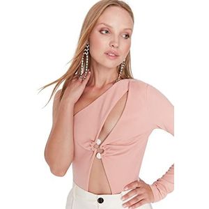 Trendyol Dames vrouw slanke bodycon-asymmetrische kraag gebreide bodysuit shirt, poeder, 38, Poeder, 64