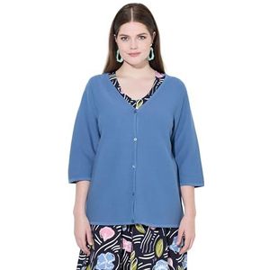 Ulla Popken - Gebreid Vest - Blauw Denim - V-hals - Driekwart Mouw