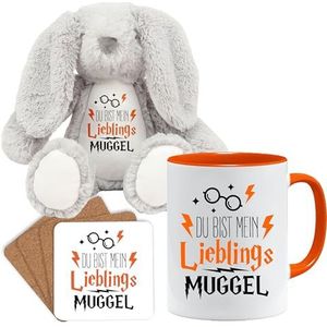 Grappige mok met spreuk | Du bist mein favoriete Muggel | cadeau-idee | Muggelmok | cadeau-idee voor vriend (teddybeer mok en onderzetterset (oranje))