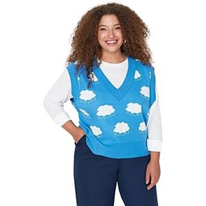 Trendyol Dames V-hals Galaxy Oversize Plus Size Trui, Blauw, 4XL, Blauw, 4XL