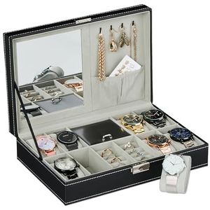 Relaxdays horlogebox, 8 vakken, horlogedoos met sieradenhouder, lederlook, fluwelen bekleding, HBD: 8x30x20,5 cm, zwart