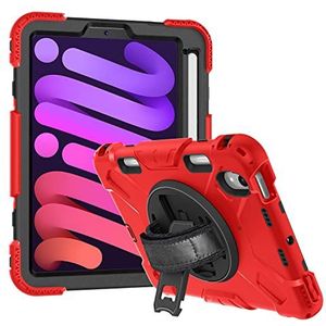 Beschermhoes voor iPad 2017/2018/Air2/Pro 9,7 inch, robuuste beschermhoes met 360 graden draaibare standaard, verstelbare polsband & penhouder – rood + zwart