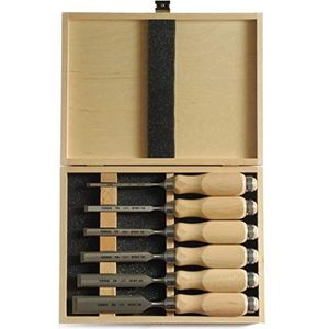 Narex beitelset met afgeschuinde rand met houten handvat verkocht in houten kist, 6-delige set