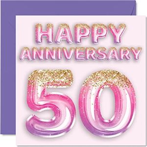 Mooie gouden verjaardagskaart voor vrouw vriendin man vriend - roze paarse glitter ballonnen - gelukkige 50e verjaardag kaarten van familie, 145mm x 145mm wenskaarten voor vijftigste jubilea