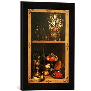 Ingelijste afbeelding van Georg Flegel, kastafbeelding met bloemen, fruit en mokalen, kunstdruk in hoogwaardige handgemaakte fotolijst, mat zwart, 30 x 40 cm