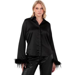 Lovedrobe Dames satijnen shirt dames blouse veren trim manchet lange mouw puntkraag knop up smart casual kantoorkleding top, zwart 14, Zwart, 40