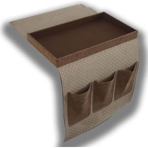 DRW Afstandsbediening houder voor bank met dienblad van kunstleer, beige en bruin, 35 x 2 x 70 cm